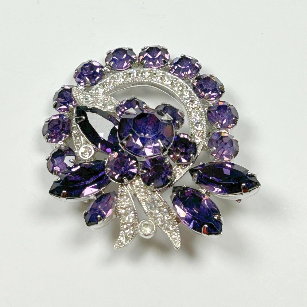 Eisenberg Ice Purple & Clear Rhinestone Wreath Bow Brooch Rhodium Vintage Hi End